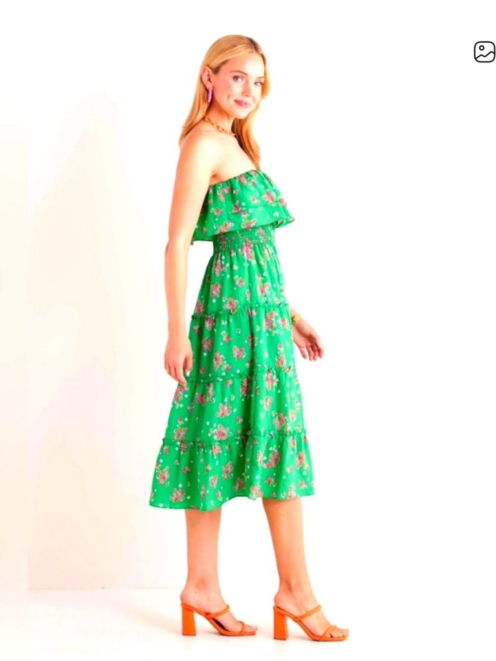 THML Strapless Green Floral Tiered Midi Dress